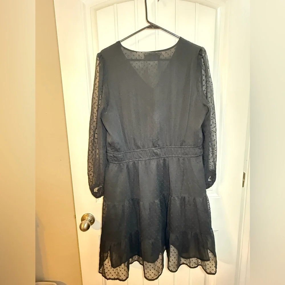 LOFT Black Swiss Dot Sheer Dress Size 14 Long Sleeve V-Neck Tiered Ruffle Hem - Picture 2 of 6